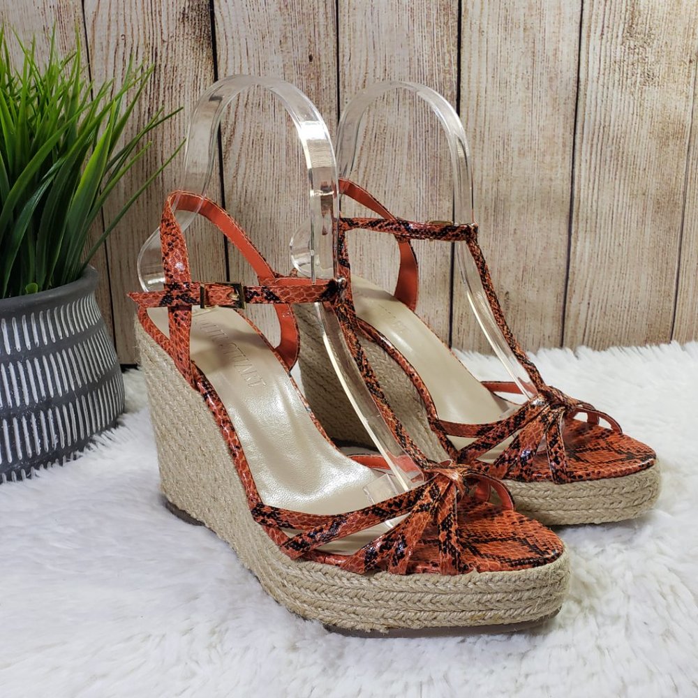 Colin Stuart Size 6.5 Orange/Black/Tan Snakeskin Wedge T-Strap Sandals